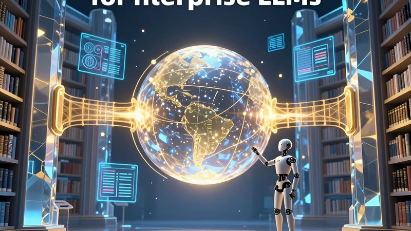 Футуристическая цифровая библиотека, иллюстрирующая архитектуру RAG корпоративных LLM в 2026 году
