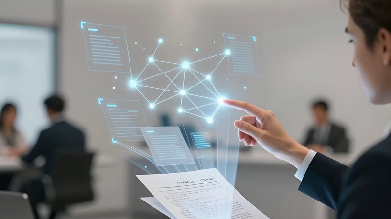 Юрист работает с голографическим интерфейсом, демонстрируя автоматизацию анализа договоров с помощью LLM в 2026